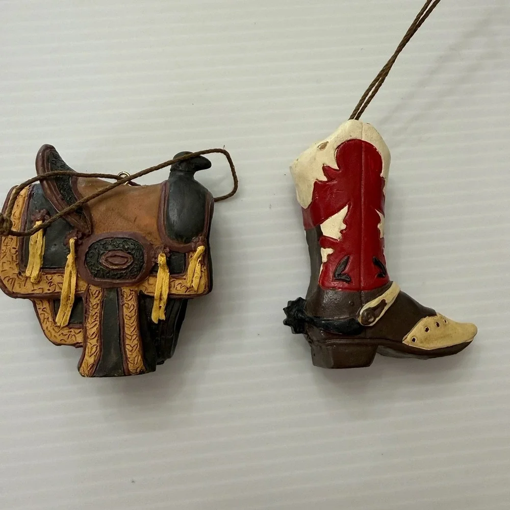 Vintage Western Cowboy Boot & Saddle Christmas Tree Ornament Set Of 2 Rustic